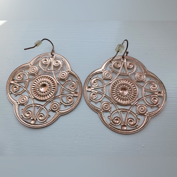 Rose Gold Dangle Earrings Filigree Drop Statement Earrings Medallion - Picture 6 of 7
